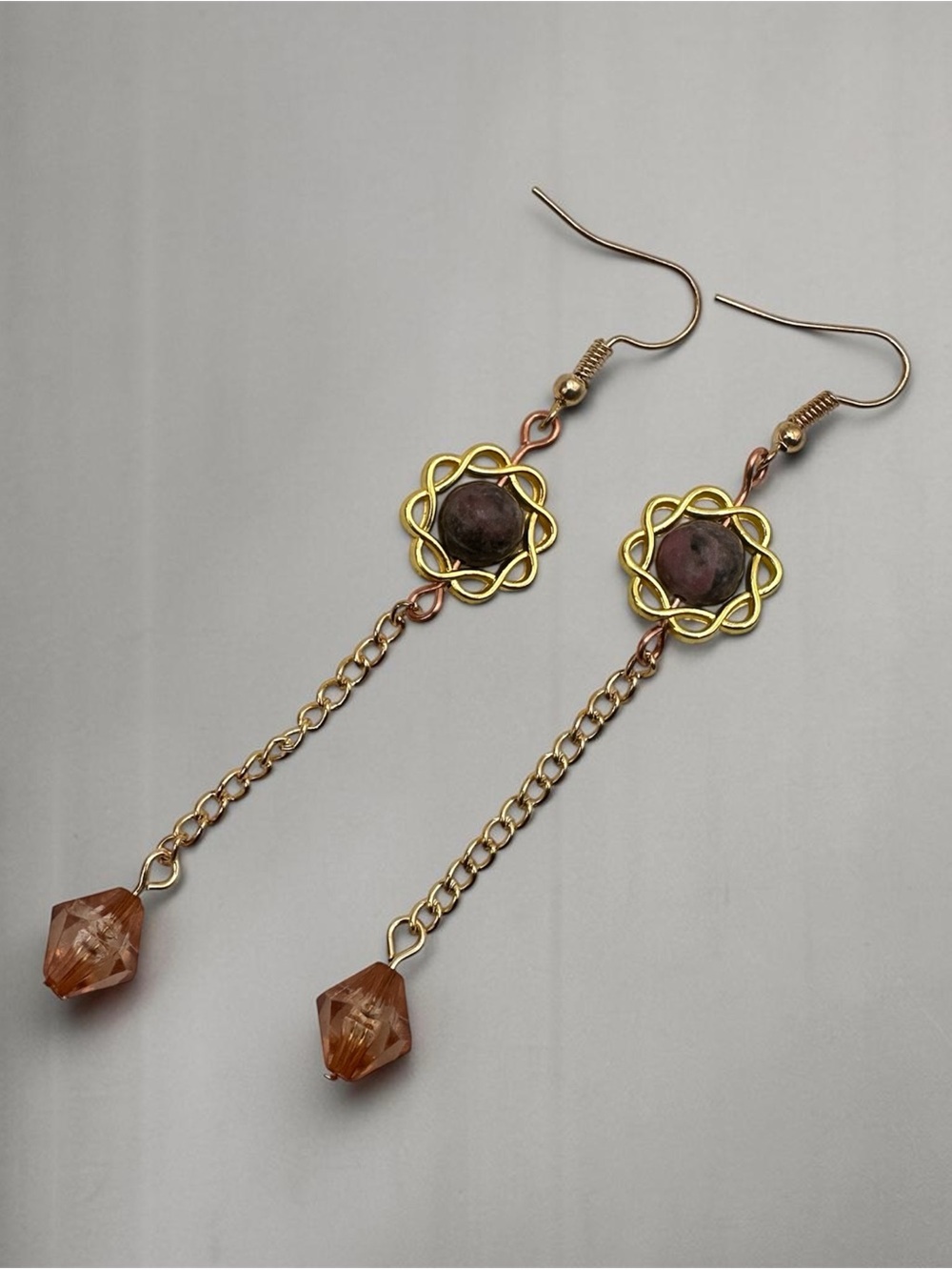 Boho Brown Beaded Long Dangle Earrings Gold Tone Chain Handmade Jewelry